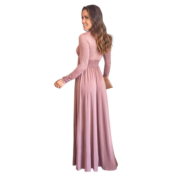 Baltic Born - Blush Pink V-Neck Maxi Dress Long Sleeve Slit Sz L - Picture 2 of 9